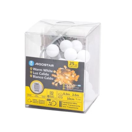 Aigostar-LED Guirnalda navideña para exteriores 25xLED/3xAA/8 funciones 2,8 m IP44 blanco cálido