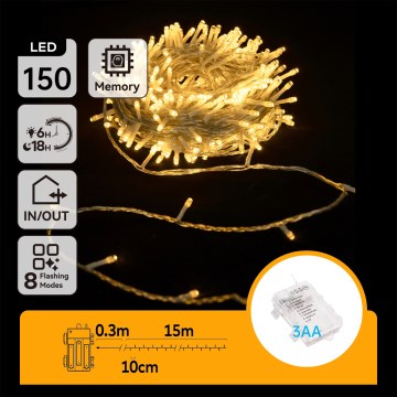 Aigostar -LED Guirnalda para exterior 150 LEDs/8 funciones 3xAA 15,3m IP44 blanco cálido