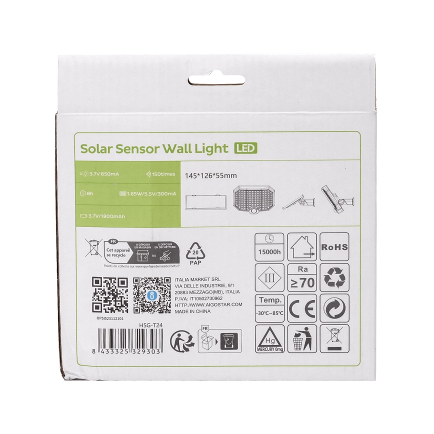 Aigostar - LED Lámpara solar con sensor de movimiento LED/2,4W/3,7V 1800 mAh IP65