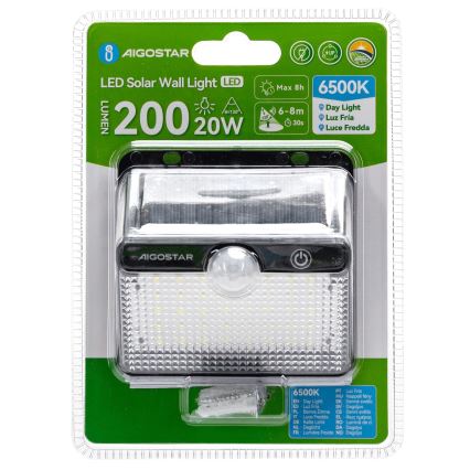Aigostar - Luminaria solar LED con sensor, LED 3,7 V, 6500 K, 1200 mAh, IP65, negra