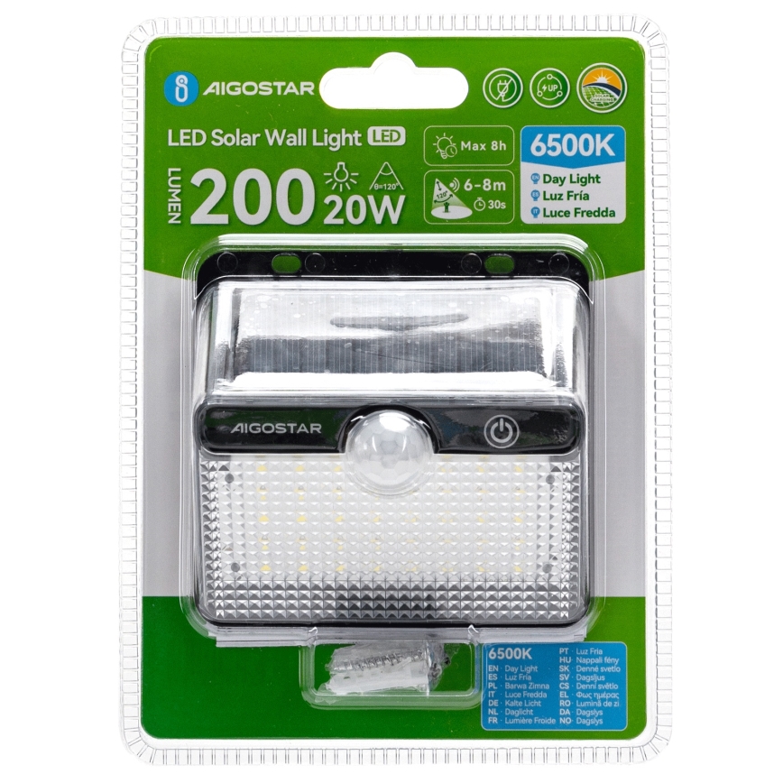 Aigostar - Luminaria solar LED con sensor, LED 3,7 V, 6500 K, 1200 mAh, IP65, negra