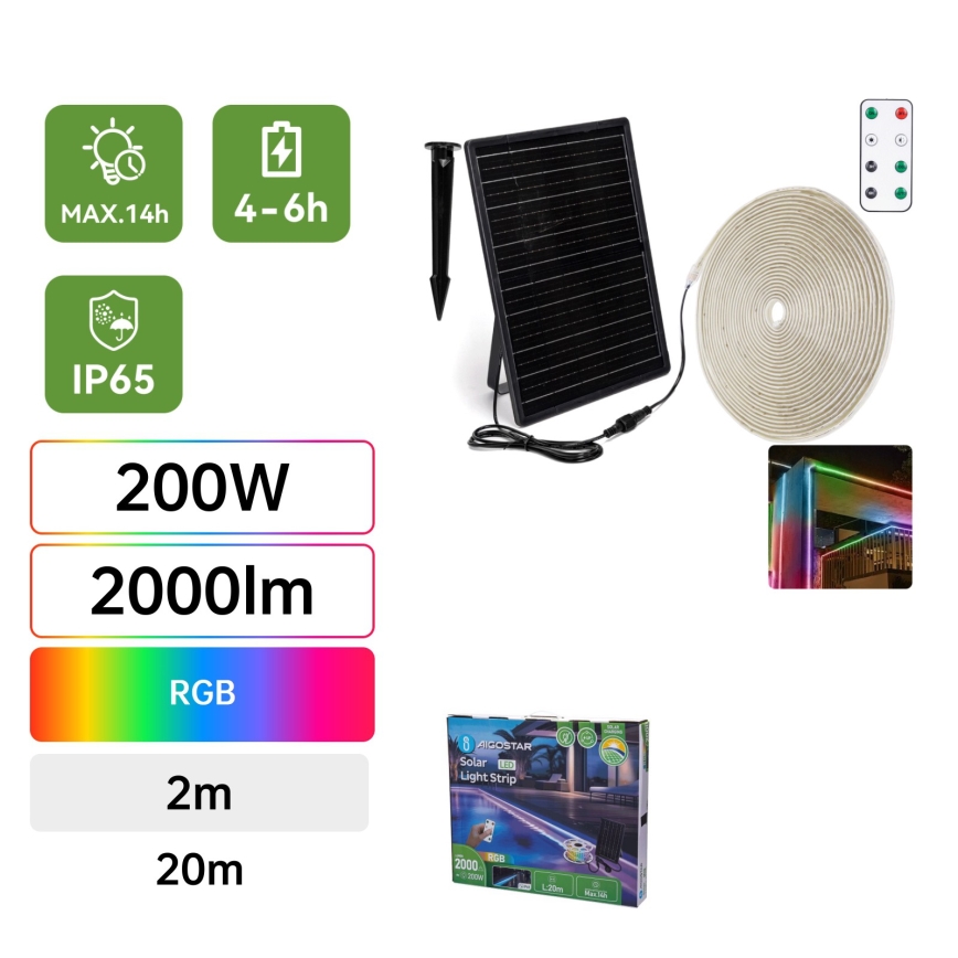 Aigostar - LED RGB Tira solar regulable LED/20W/3,2V 20 m IP65 20000 mAh + control remoto