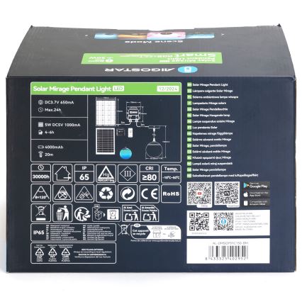 Aigostar - Lámpara solar colgante LED RGBW regulable MESH LED/20W/3,7V 4000 mAh 2700K-6500K IP65 Ø 15 cm
