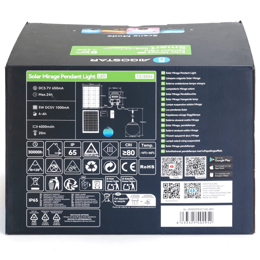 Aigostar - Lámpara solar colgante LED RGBW regulable MESH LED/20W/3,7V 4000 mAh 2700K-6500K IP65 Ø 15 cm