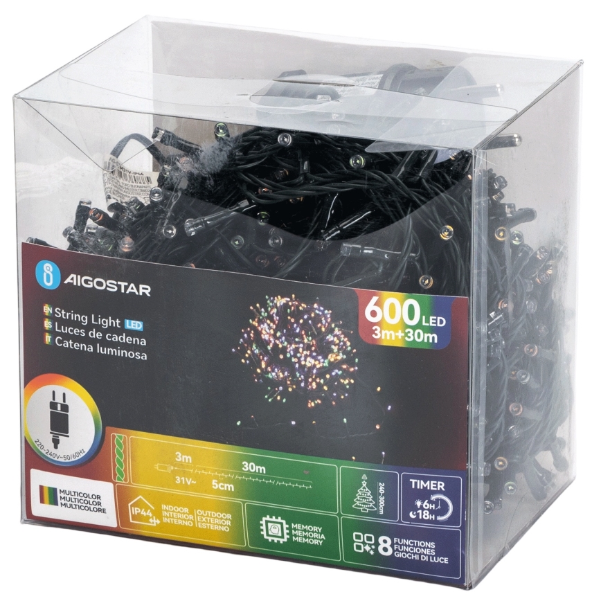 Aigostar - Cadena de luces navideñas LED RGBY para exteriores 600xLED/8 funciones 30 m IP44