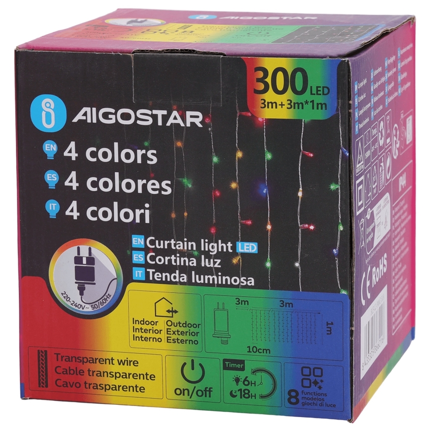 Aigostar - LED RGBY Guirnalda navideña para exterior 300xLED/8 funciones 3x1m IP44 + mando a distancia