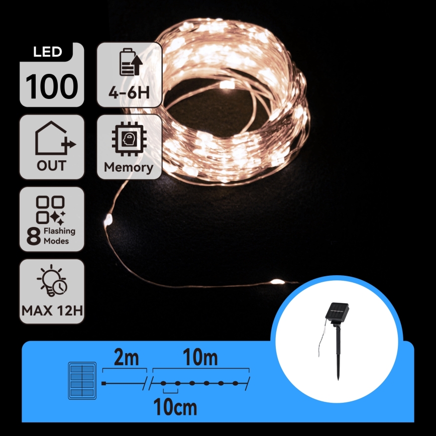 Aigostar - Guirnalda navideña LED solar 100xLED/8 funciones 12m IP65 800 mAh blanco frío