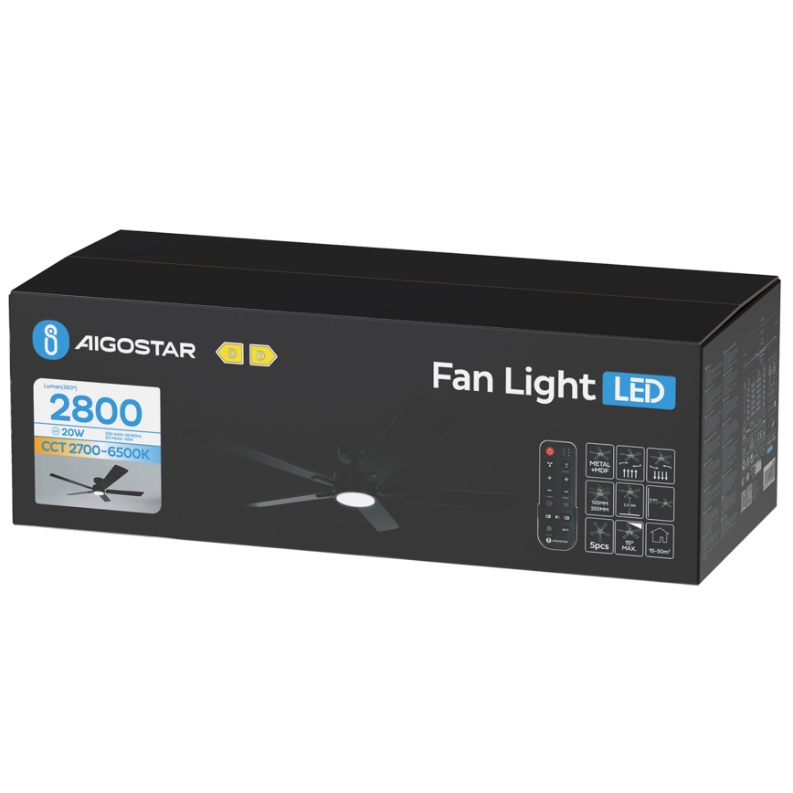 Aigostar - Ventilador de techo LED regulable LED/20W/230V 2700-6500K 132 cm negro + mando a distancia