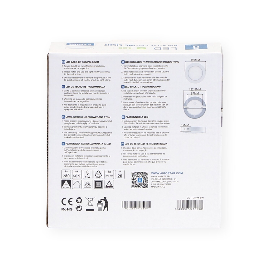 Aigostar - Luminaria de techo de superficie LED/6W/230V, diámetro 12,3 cm, 6500K, blanco