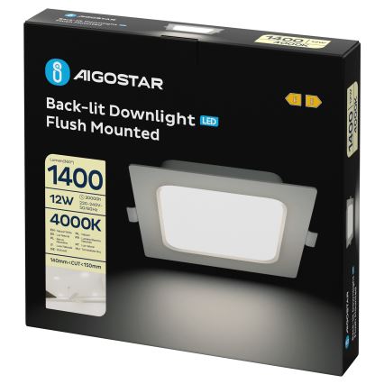 Aigostar - Luminaria empotrable LED 12W, 230V, 4000K, 17,5x17,5 cm, blanca