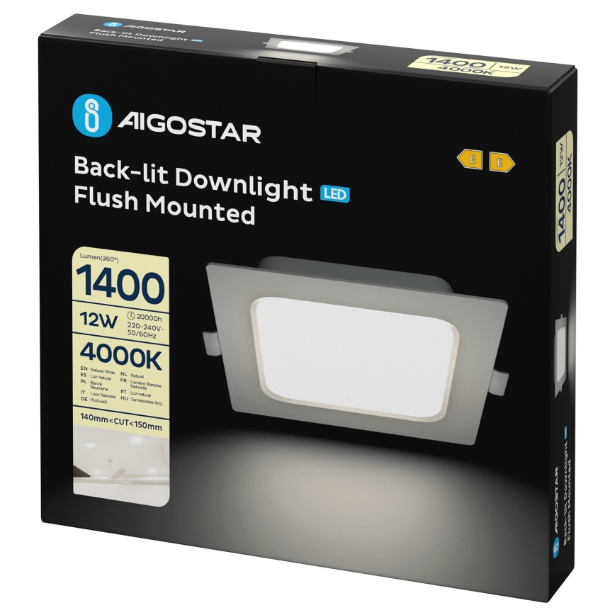Aigostar - Luminaria empotrable LED 12W, 230V, 4000K, 17,5x17,5 cm, blanca