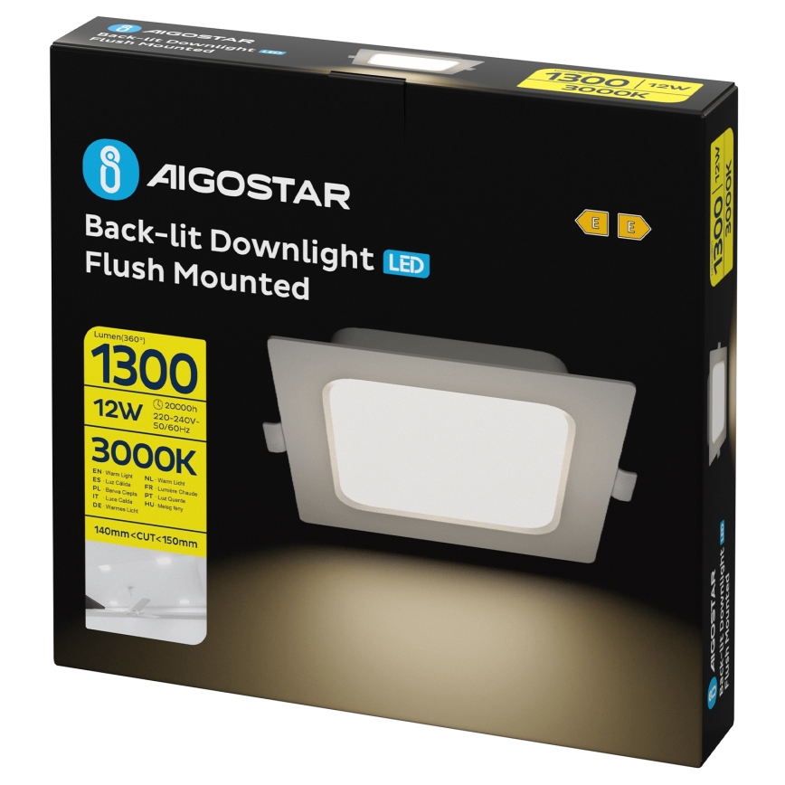 Aigostar - Luminaria empotrada LED/12W/230V 3000K 17,5x17,5 cm blanca