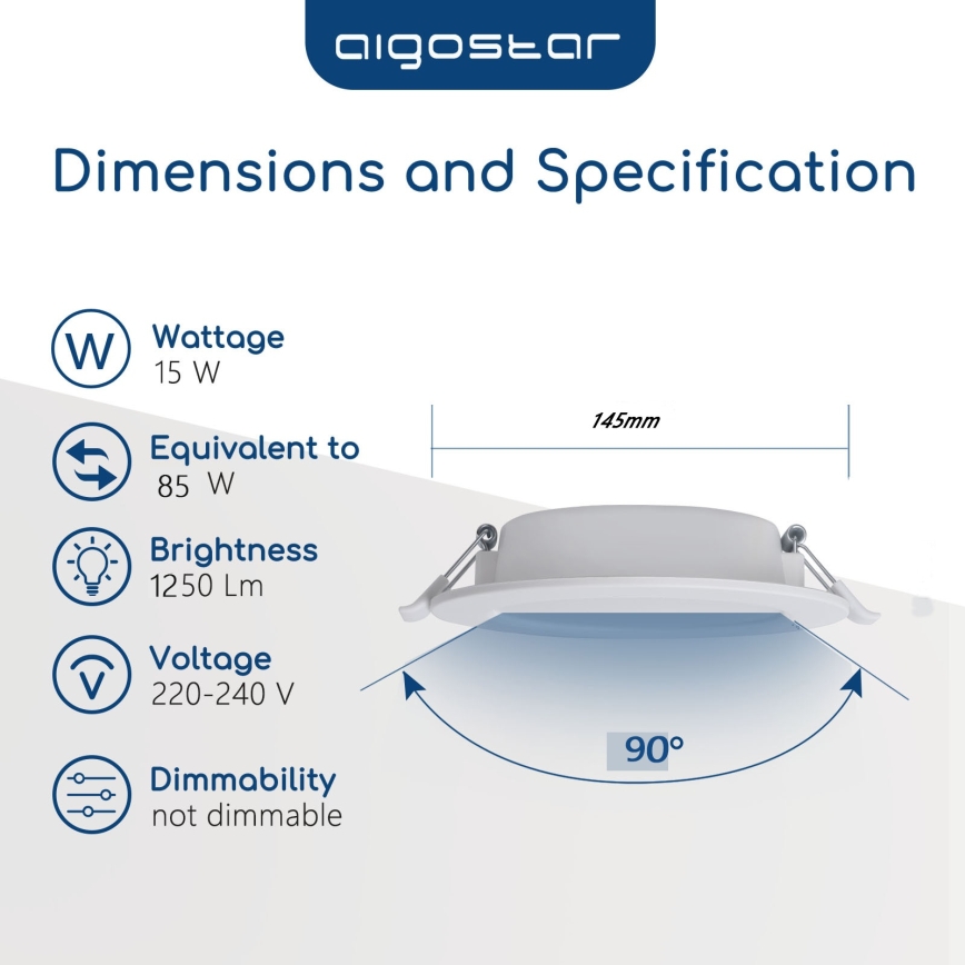 Aigostar - Luminaria empotrable LED para baño LED/15W/230V 4000K IP44 Ø 14,5 cm blanca