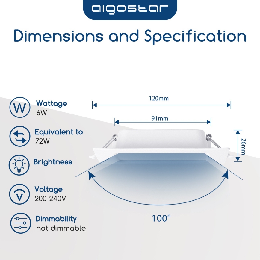 Aigostar - Luminaria empotrada LED 6 W, 230 V, 4000 K (blanco neutro), 12 x 12 cm, color blanco
