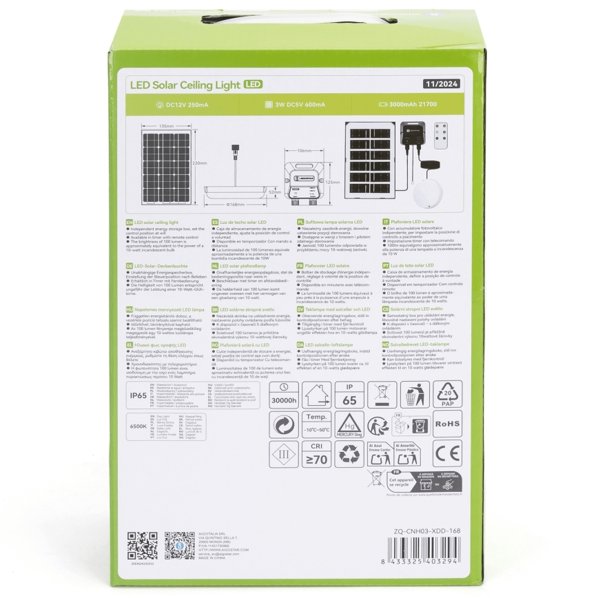 Aigostar - Luminaria solar LED/35W/12V 3000 mAh 6500K IP65 diámetro 16,8 cm + mando a distancia