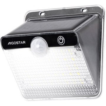 Aigostar - Luminaria solar LED con sensor, LED 3,7 V, 6500 K, 1200 mAh, IP65, negra