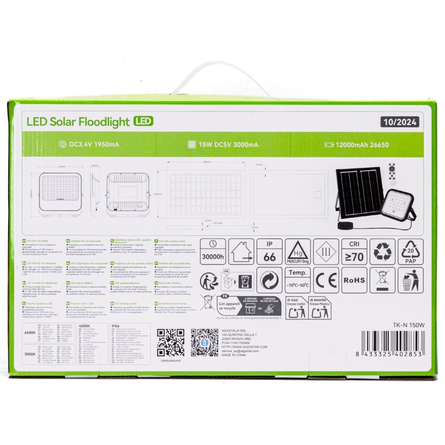 Aigostar - Proyector LED solar regulable/150W/3,4V 3000/4000/6500K IP66 12000 mAh + mando a distancia