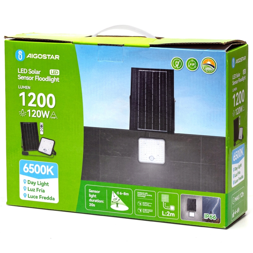 Aigostar - Proyector solar LED regulable con sensor LED/120W/3,4V 6500K IP66 8000 mAh + mando a distancia