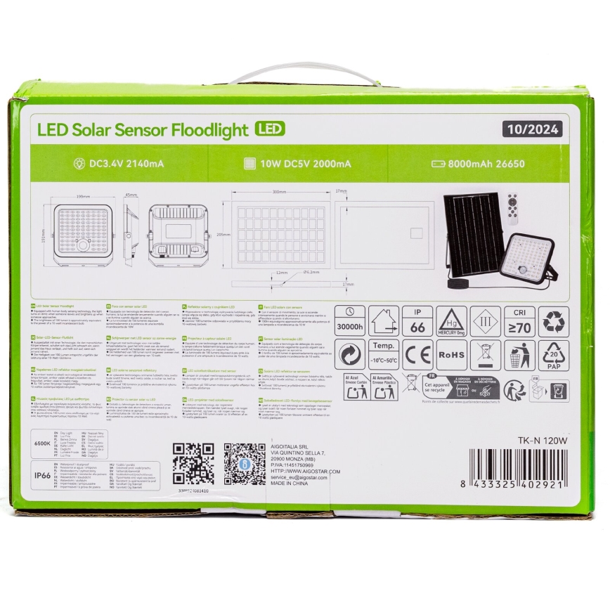 Aigostar - Proyector solar LED regulable con sensor LED/120W/3,4V 6500K IP66 8000 mAh + mando a distancia