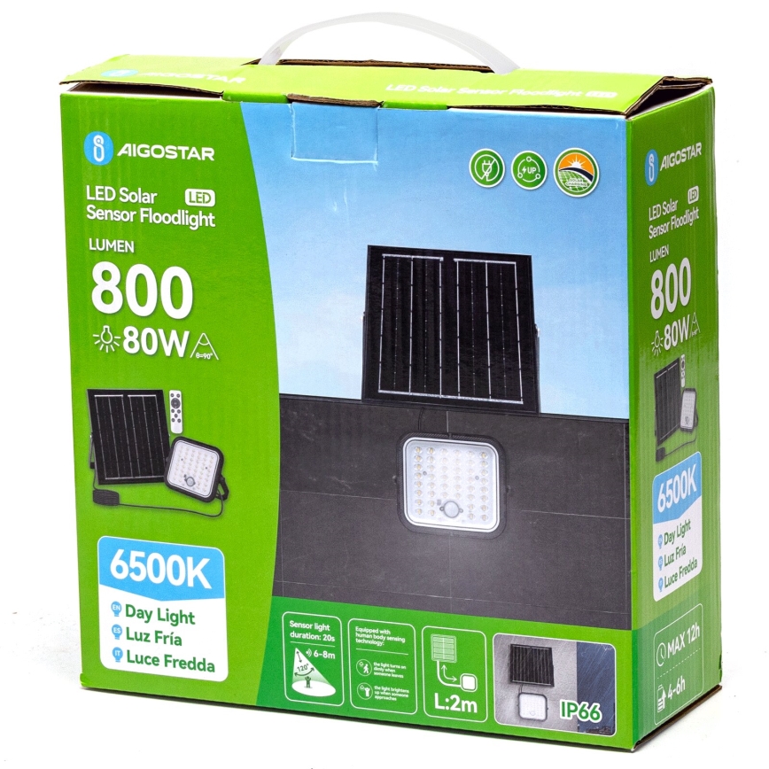 Aigostar - Reflector solar LED regulable con sensor LED/80W/3,4V 6500K IP66 4000 mAh + control remoto
