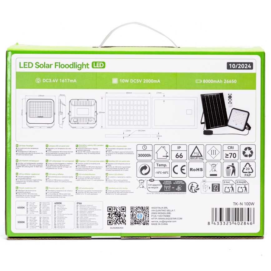 Aigostar - Reflector solar LED regulable/100W/3,4V 3000/4000/6500K IP66 8000 mAh + control remoto
