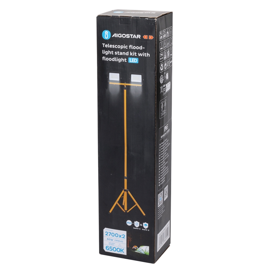 Aigostar - Reflector LED con trípode 2xLED/30W/230V 6500K IP65 naranja/negro