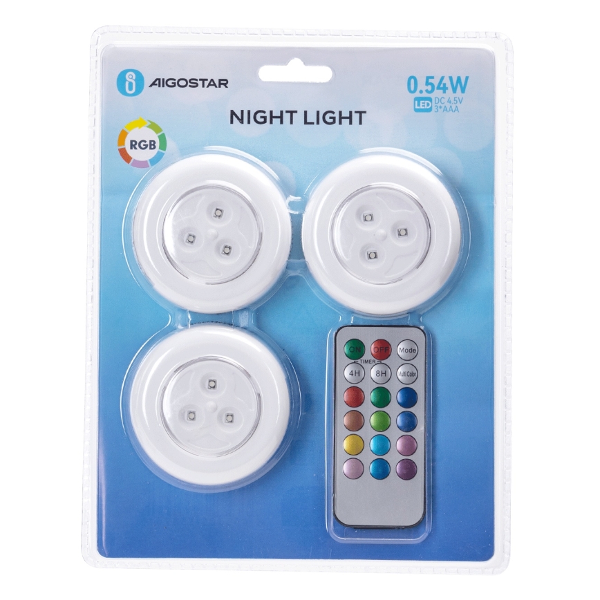 Aigostar - Juego de 3 lámparas nocturnas portátiles LED RGB LED/3xAAA + mando a distancia