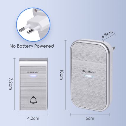 Aigostar - Timbre inalámbrico enchufable 230V/12V IP44 plateado