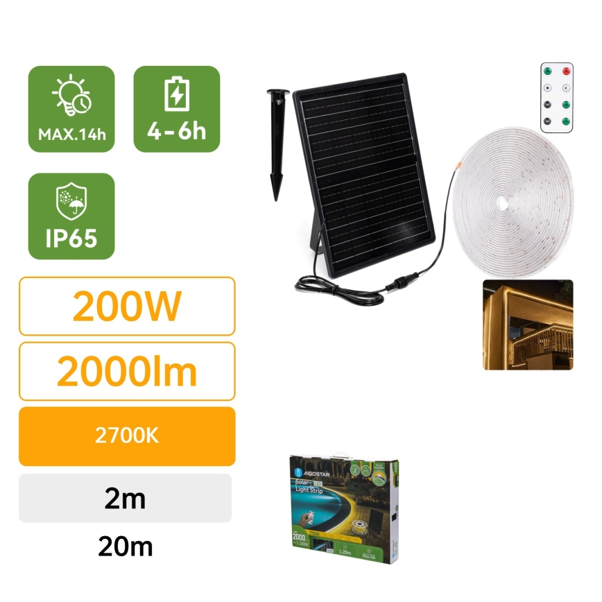 Aigostar - Tira LED solar regulable LED/20W/3,2V 20 m 2700K IP65 20000 mAh + mando a distancia