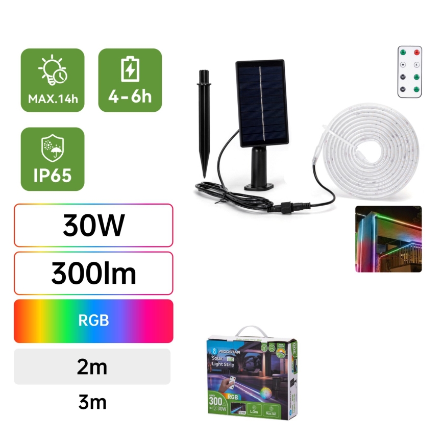 Aigostar - Tira solar LED RGB regulable LED/1,6W/3,2V 3+2m IP65 1800 mAh + mando a distancia