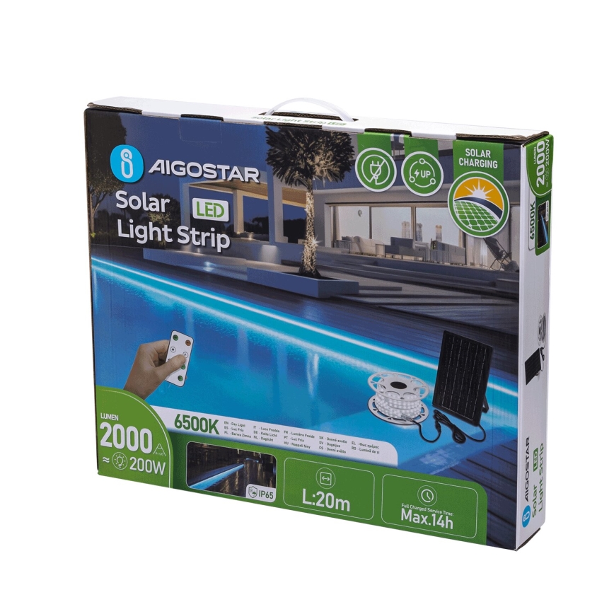 Aigostar - Tira solar LED regulable LED/20W/3,2V 20 m 6500K IP65 + mando a distancia