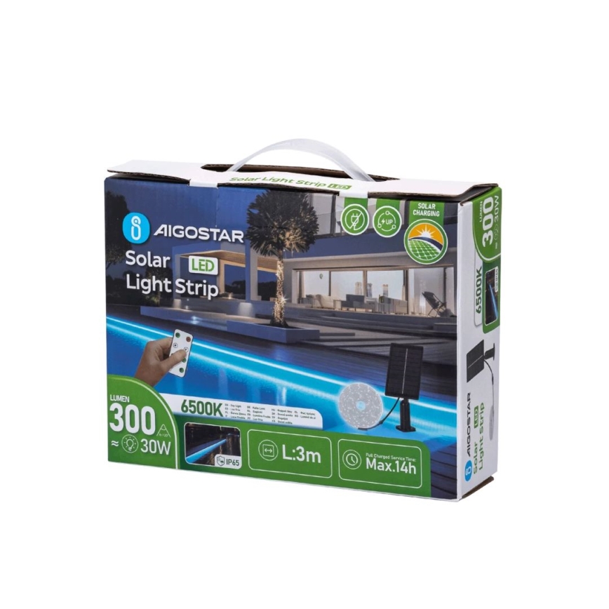 Aigostar - Tira solar LED regulable LED/1,6W/3,2V 3 m 1600 mAh 6500K IP65 + control remoto