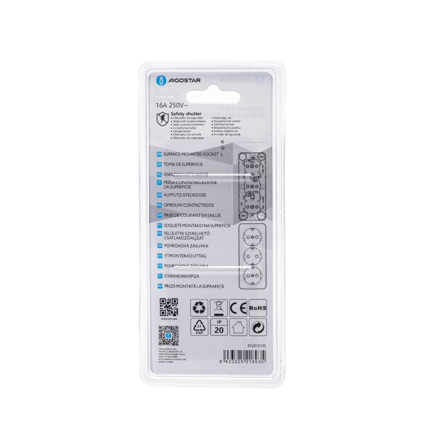 Aigostar - Toma de corriente doméstica de pared triple SCHUKO 250V blanca