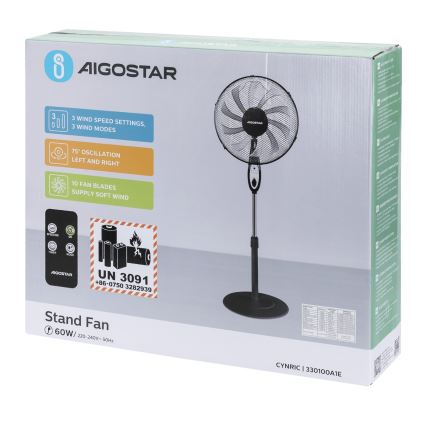 Aigostar - Ventilador de pie 55W/230V 130 cm negro + mando a distancia