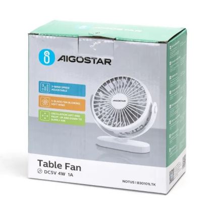 Aigostar - Ventilador de sobremesa recargable 4W/5V 1500mAh blanco
