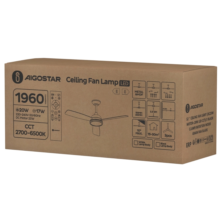 Aigostar - Ventilador de techo LED regulable LED/20W/230V 2700-6500K 132cm blanco/beige + control remoto