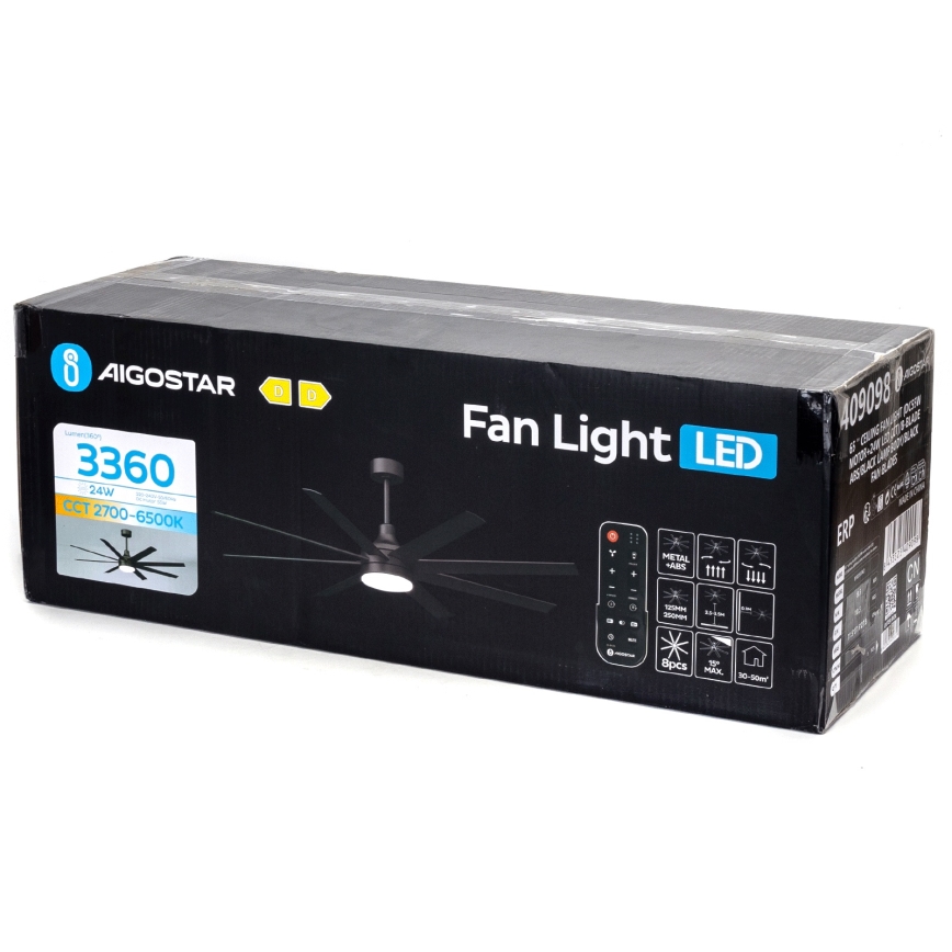 Aigostar - Ventilador de techo LED regulable LED/24W/230V 2700-6500K 165cm negro + control remoto