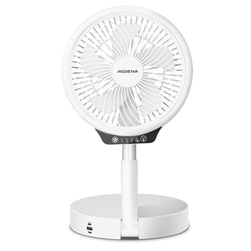 Aigostar - Ventilador plegable inalámbrico LED con puerto USB 6,5W/5V 8000 mAh