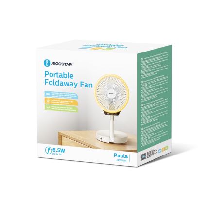 Aigostar - Ventilador plegable inalámbrico LED con puerto USB 6,5W/5V 8000 mAh