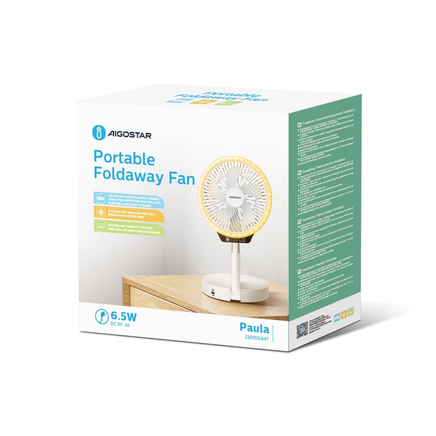 Aigostar - Ventilador plegable inalámbrico LED con puerto USB 6,5W/5V 8000 mAh