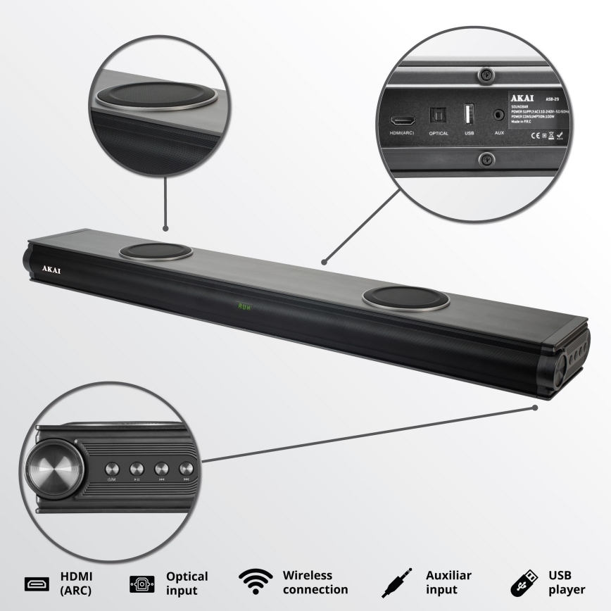AKAI ASB-29 - barra de sonido con subwoofer activo 120W/230V + mando a distancia
