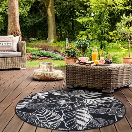 Alfombra exterior JUNGLE 135 cm negro/blanco/estampado de hojas