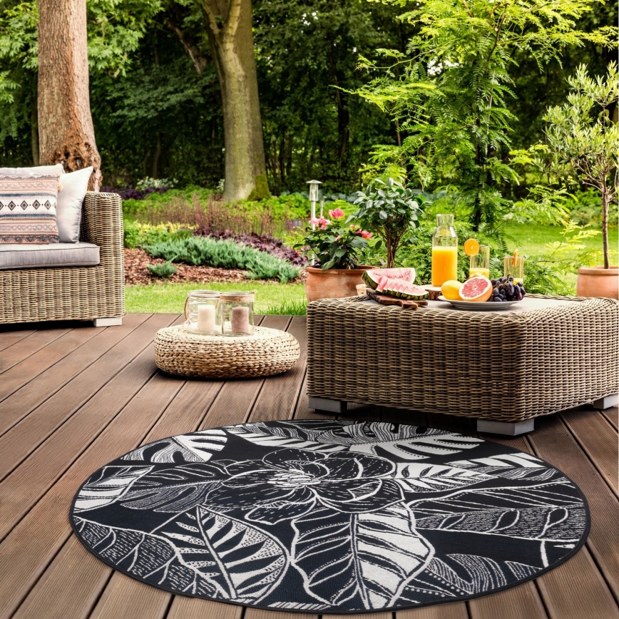 Alfombra exterior JUNGLE 135 cm negro/blanco/estampado de hojas