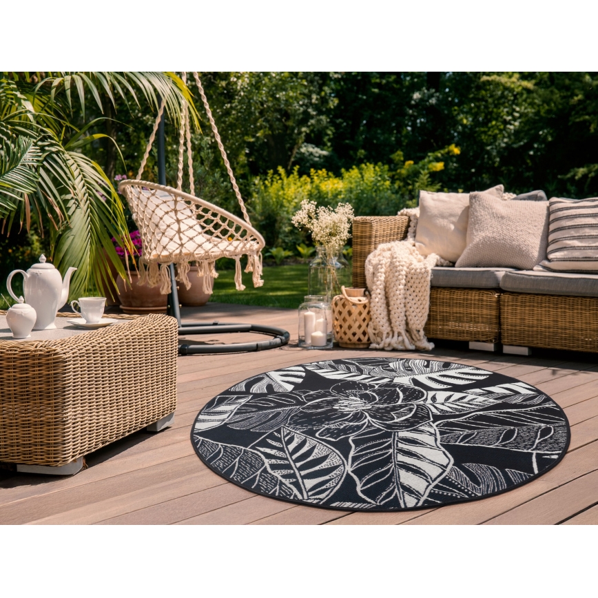 Alfombra exterior JUNGLE 135 cm negro/blanco/estampado de hojas