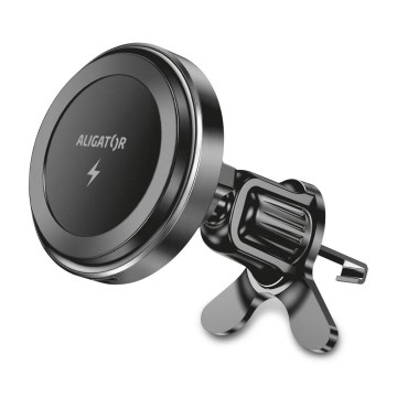 Aligator AMS05BK - Soporte magnético para teléfono de coche con carga inalámbrica Qi de 15 W y MagSafe, negro