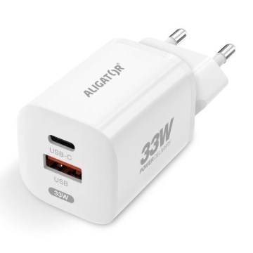 Aligator CHPD0020 - Adaptador de carga rápida GaN con Power Delivery 33 W, USB-A + USB-C, blanco