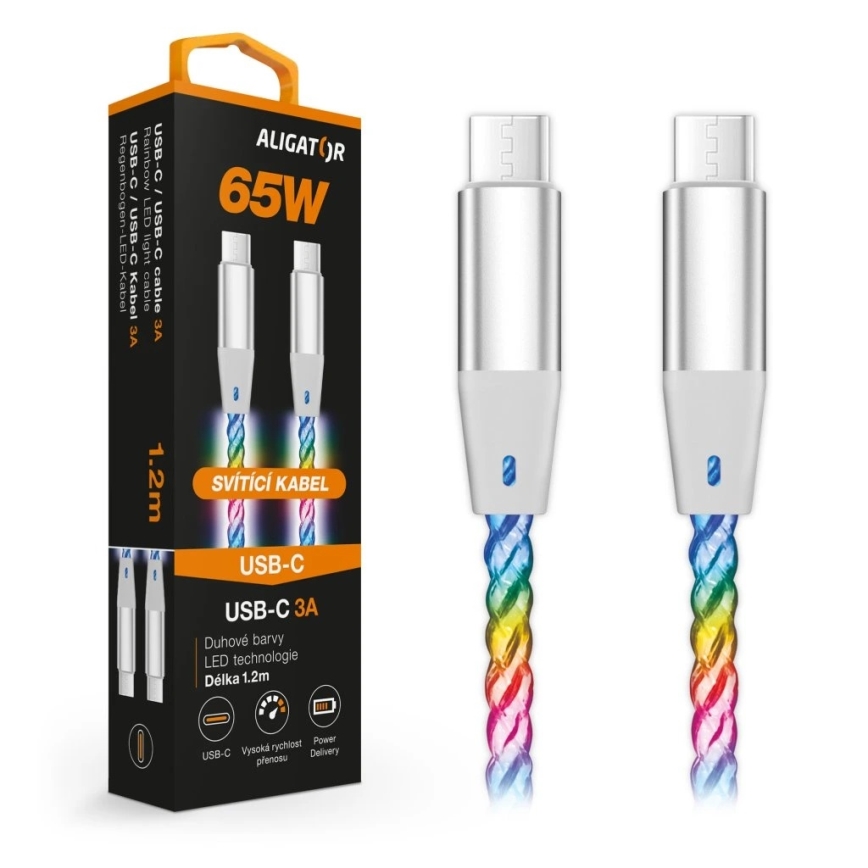 Aligator DATKP62 - cable USB-C a USB-C con iluminación LED, 65W Power Delivery, 1,2 m