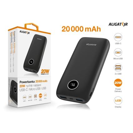 Aligator PBPD20BK - Batería externa con pantalla LCD, Power Delivery, 20000 mAh/20W/3,7V, negra