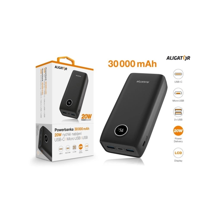 Aligator PBPD30BK - Batería externa con pantalla LCD, Power Delivery, 30000 mAh / 20 W / 3,7 V, negra