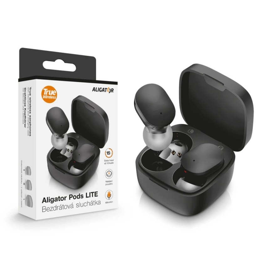 Aligator TWS05 - Auriculares inalámbricos Pods LITE 200 mAh + 2x 30 mAh IP30 negros